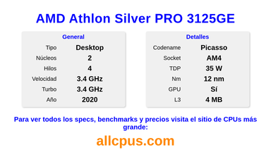 AMD Athlon Silver PRO 3125GE Especificaciones y benchmarks de la CPU