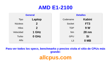 AMD E1-2100 Especificaciones y benchmarks de la CPU