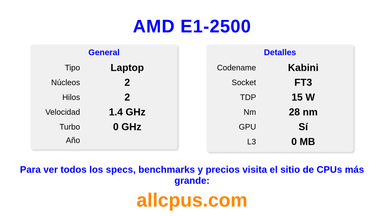 AMD E1-2500 Especificaciones y benchmarks de la CPU