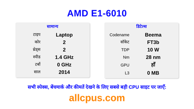 AMD E1-6010 CPU की स्पेसिफिकेशन और बेंचमार्क