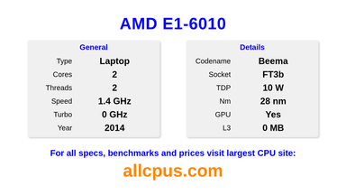 AMD E1-6010 CPU Specifications and Benchmark