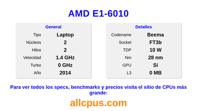 AMD E1-6010 Especificaciones y benchmarks de la CPU