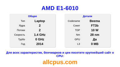 AMD E1-6010 Характеристики и бенчмарки CPU