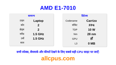 AMD E1-7010 CPU की स्पेसिफिकेशन और बेंचमार्क
