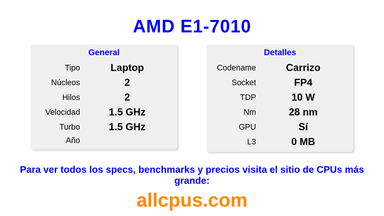 AMD E1-7010 Especificaciones y benchmarks de la CPU