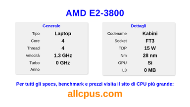 AMD E2-3800 Specifiche e benchmark della CPU