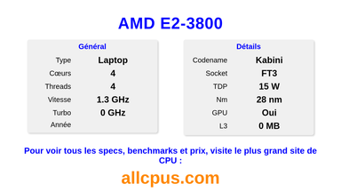AMD E2-3800 Spécifications et benchmarks du CPU