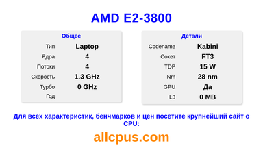 AMD E2-3800 Характеристики и бенчмарки CPU