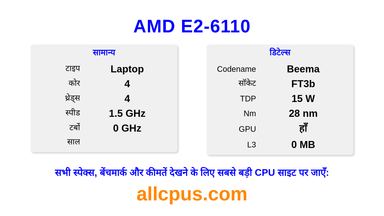 AMD E2-6110 CPU की स्पेसिफिकेशन और बेंचमार्क