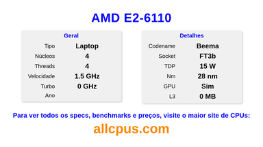 AMD E2-6110 Especificações e benchmarks da CPU