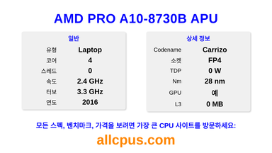 AMD PRO A10-8730B APU CPU 사양과 벤치마크