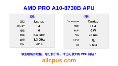 AMD PRO A10-8730B APU CPU 规格和跑分