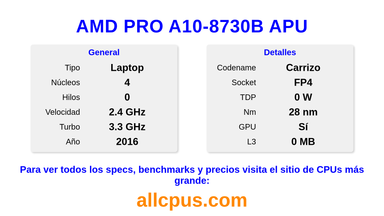 AMD PRO A10-8730B APU Especificaciones y benchmarks de la CPU