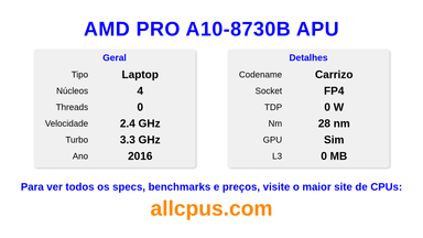 AMD PRO A10-8730B APU Especificações e benchmarks da CPU