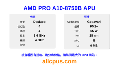 AMD PRO A10-8750B APU CPU 规格和跑分