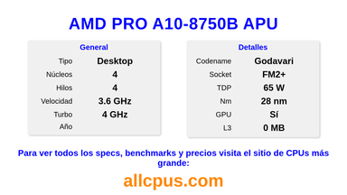AMD PRO A10-8750B APU Especificaciones y benchmarks de la CPU