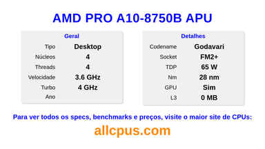 AMD PRO A10-8750B APU Especificações e benchmarks da CPU