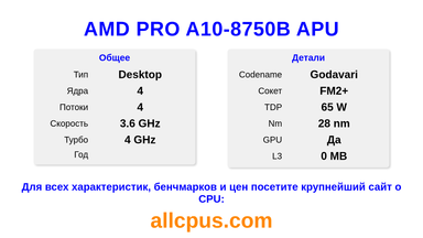 AMD PRO A10-8750B APU Характеристики и бенчмарки CPU