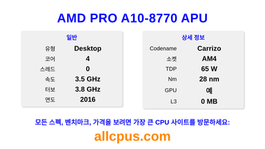 AMD PRO A10-8770 APU CPU 사양과 벤치마크