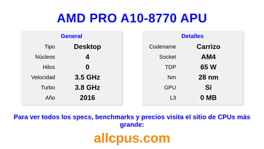 AMD PRO A10-8770 APU Especificaciones y benchmarks de la CPU