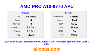 AMD PRO A10-8770 APU Характеристики и бенчмарки CPU