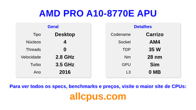 AMD PRO A10-8770E APU Especificações e benchmarks da CPU