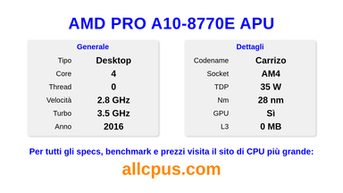 AMD PRO A10-8770E APU Specifiche e benchmark della CPU