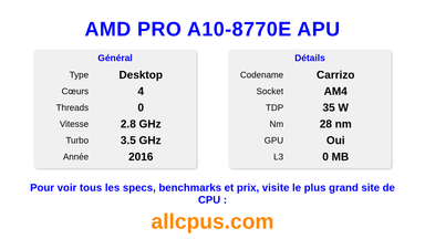 AMD PRO A10-8770E APU Spécifications et benchmarks du CPU
