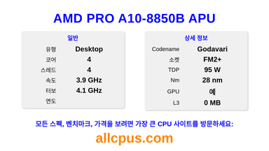AMD PRO A10-8850B APU CPU 사양과 벤치마크