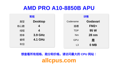 AMD PRO A10-8850B APU CPU 规格和跑分
