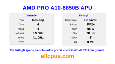 AMD PRO A10-8850B APU Specifiche e benchmark della CPU