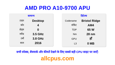 AMD PRO A10-9700 APU CPU की स्पेसिफिकेशन और बेंचमार्क