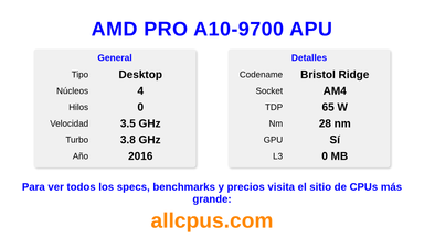 AMD PRO A10-9700 APU Especificaciones y benchmarks de la CPU