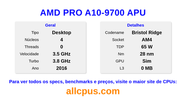 AMD PRO A10-9700 APU Especificações e benchmarks da CPU