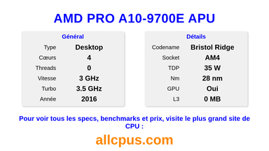 AMD PRO A10-9700E APU Spécifications et benchmarks du CPU