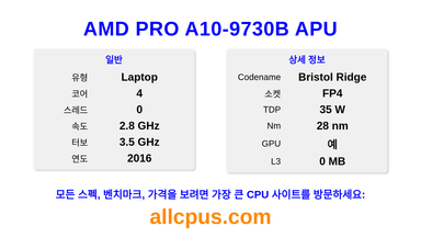 AMD PRO A10-9730B APU CPU 사양과 벤치마크