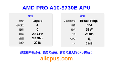 AMD PRO A10-9730B APU CPU 规格和跑分
