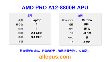 AMD PRO A12-8800B APU CPU 规格和跑分