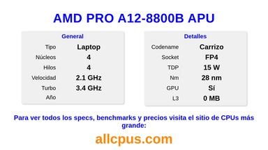 AMD PRO A12-8800B APU Especificaciones y benchmarks de la CPU