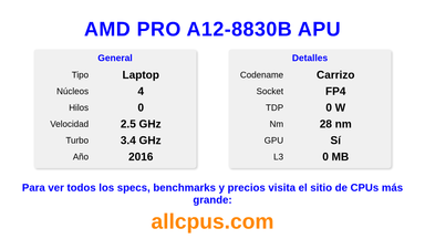 AMD PRO A12-8830B APU Especificaciones y benchmarks de la CPU