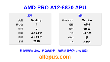 AMD PRO A12-8870 APU CPU 规格和跑分