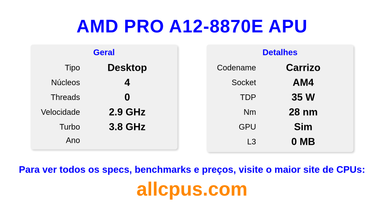 AMD PRO A12-8870E APU Especificações e benchmarks da CPU
