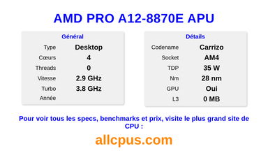 AMD PRO A12-8870E APU Spécifications et benchmarks du CPU