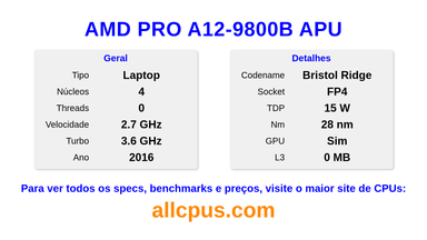 AMD PRO A12-9800B APU Especificações e benchmarks da CPU