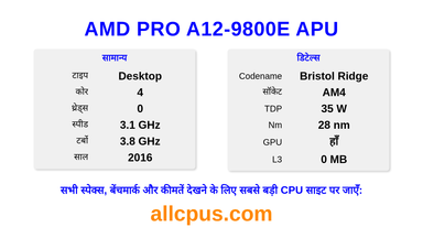 AMD PRO A12-9800E APU CPU की स्पेसिफिकेशन और बेंचमार्क