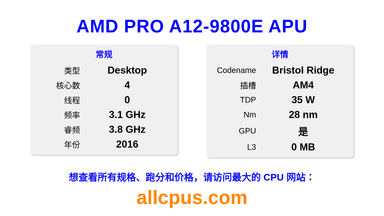 AMD PRO A12-9800E APU CPU 规格和跑分