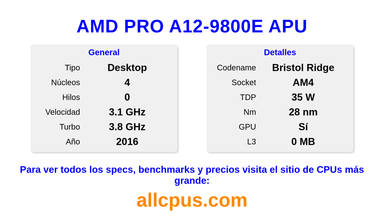 AMD PRO A12-9800E APU Especificaciones y benchmarks de la CPU
