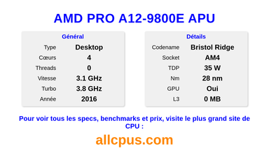 AMD PRO A12-9800E APU Spécifications et benchmarks du CPU