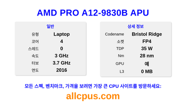 AMD PRO A12-9830B APU CPU 사양과 벤치마크