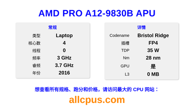 AMD PRO A12-9830B APU CPU 规格和跑分